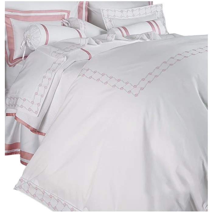 Embroidery Pink Floral Duvet Cover Sets Luxury Bedding Sets High Quality White Cotton Bed Sheets for Home Hotel Wedding