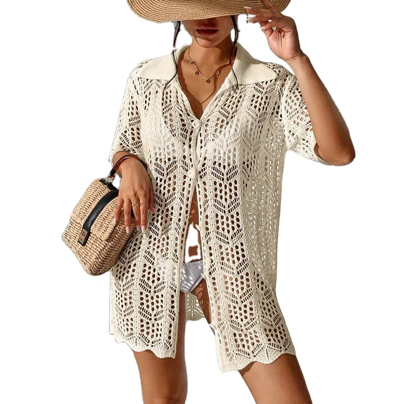 Womens Bathing Suit Crochet Beach Cover Ups Bikini Beach Cover up Drawstring Button Down Beach Cover Ups For Women
