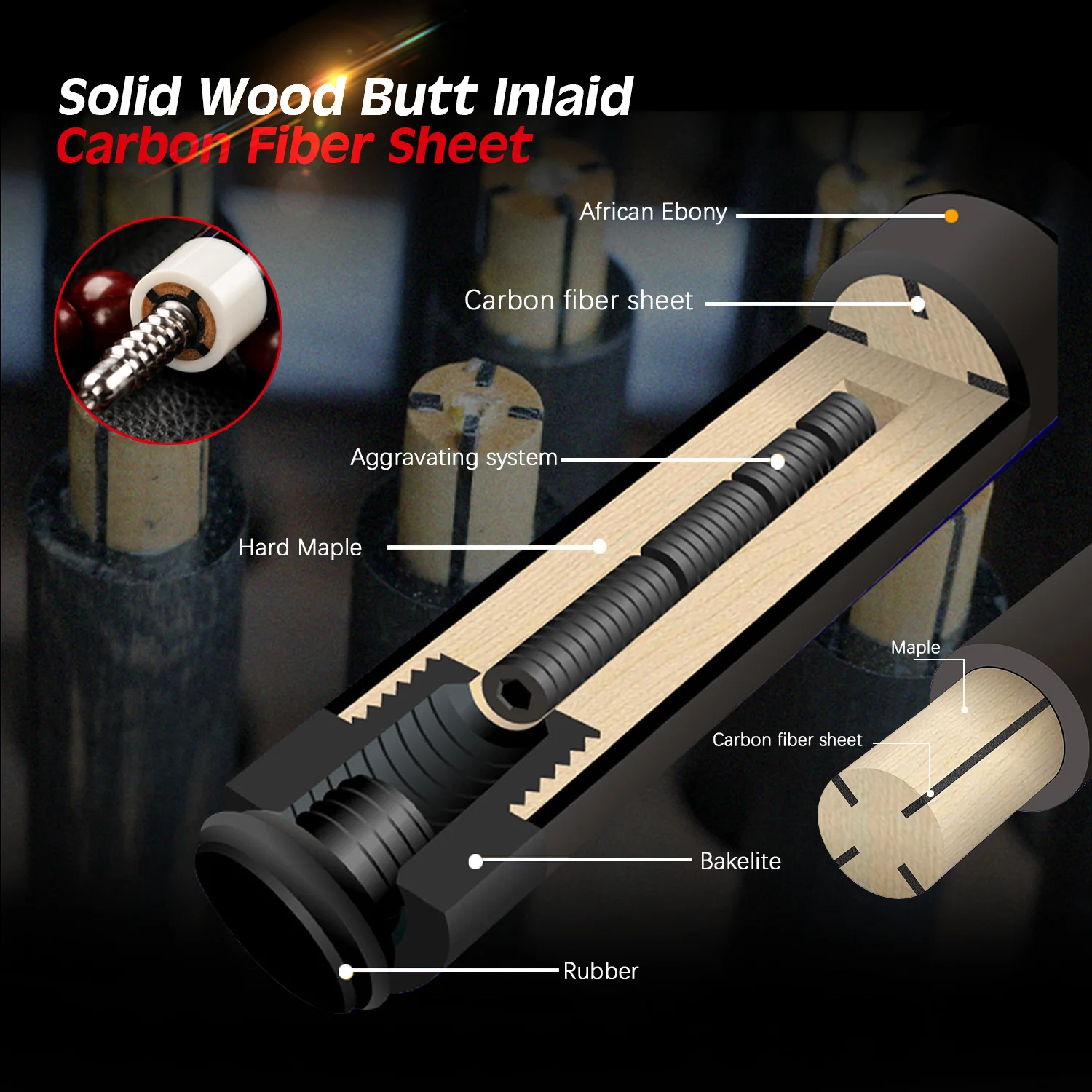 KONLLEN KL-01F White Billiards Solid Wood Technology Shaft Pool Stick 3/8*8 Radial Pin Joint with Extension Billiard Cue