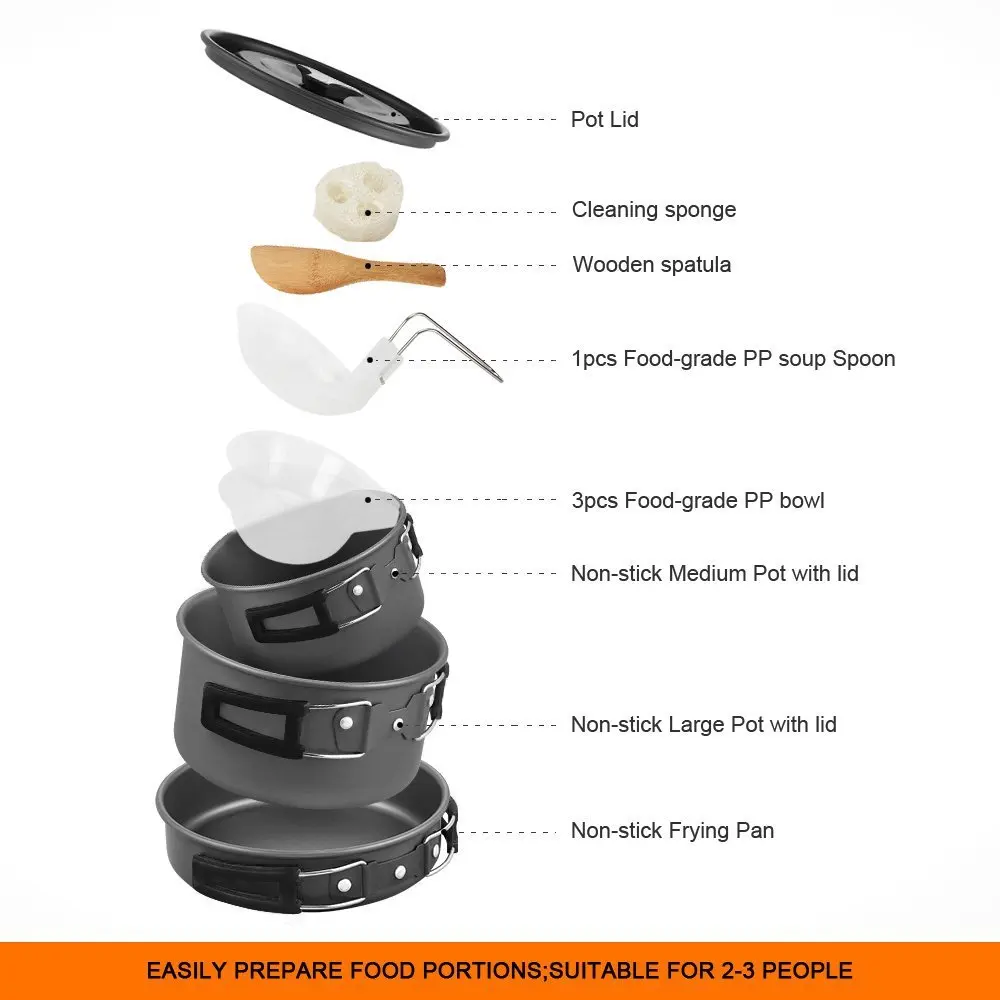 HUAJU INDUSTRIAL Aluminium Alloy Camping Pot Set Hiking Backpacking 2-3 People Cookware Outdoor Camping Cooking Cookware Set