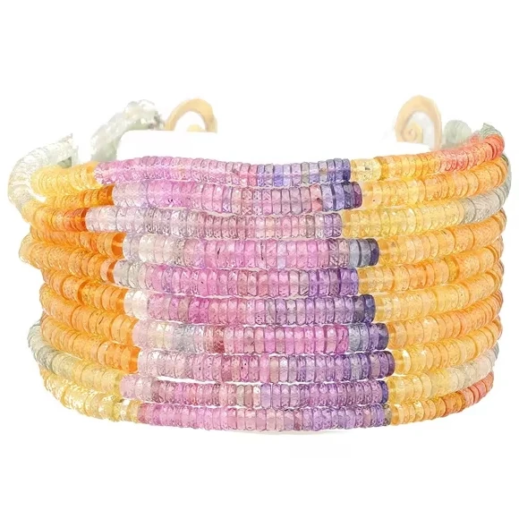 Multi Color Sapphire Bead And Diamond Bracelet Designed 18k Yellow Gold Double Toggle Closure 10 Strand Sapphire Bead Bracelet