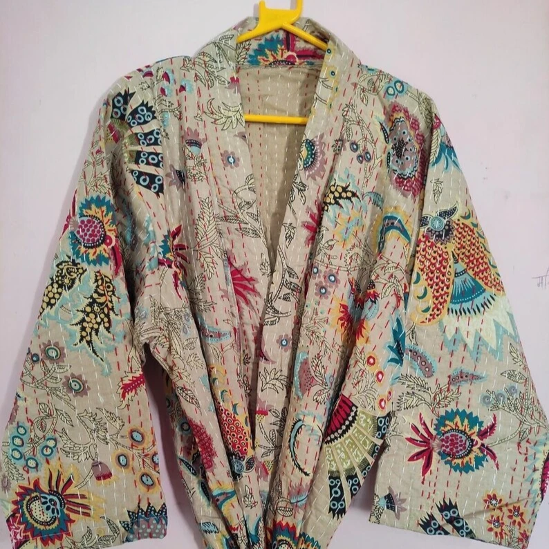 100% Cotton Vintage Kantha Jacket Boho Beige Floral Kantha Jacket Handmade Kimono Unisex Robes Luxury Spa Dresses at Bulk Price