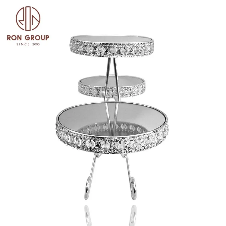 New Design Luxury OEM Party Wedding Banquet Decoration 3 Tier Round Metal Silver Cupcake Tray Mirror Cake Stand with Pearl Edge