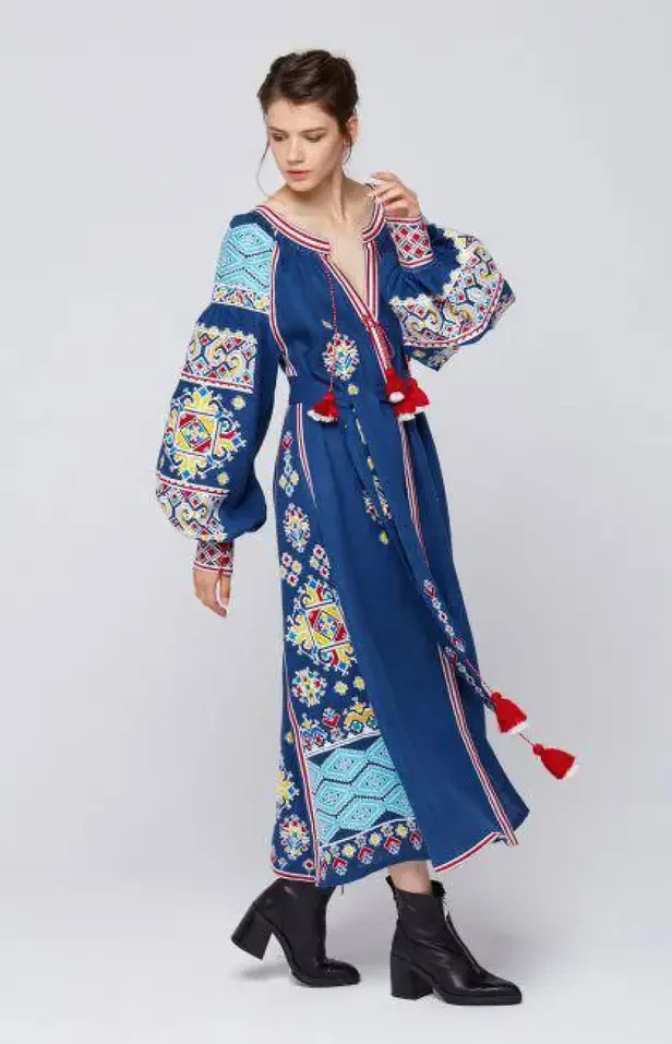 New Arrival Blue Color Dress With Ukrainian Flower Embroidery Long Puff Sleeves For Women Summer Party Favour Gift For Her