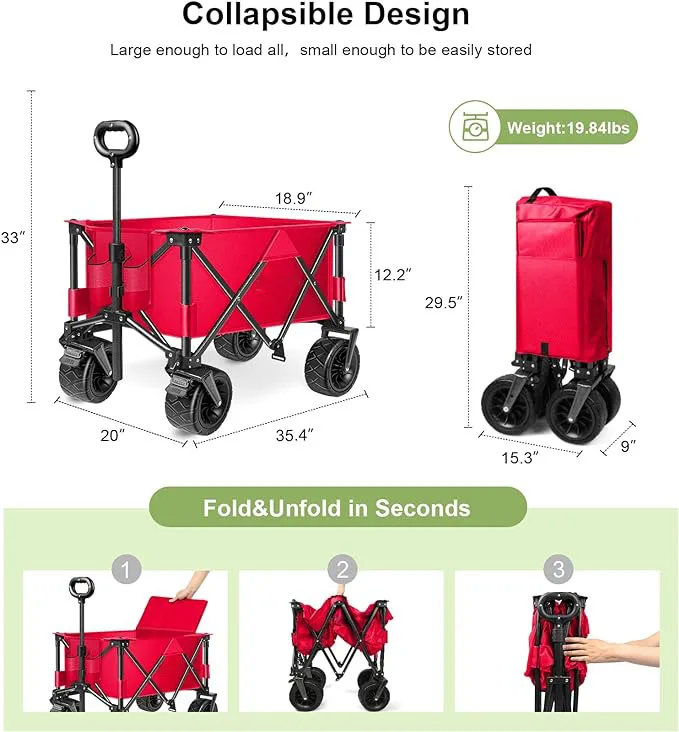 THCW10261 - Collapsible Folding Wagon, Heavy Duty Utility Beach Wagon Cart, Shopping Wagon Cart and Camping, Garden, Red