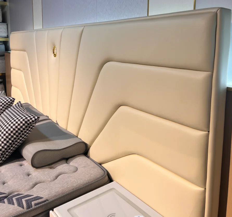 Queen size upholstered platform solid wood bed frame golden metal legs beige leather bedroom furniture soft bed