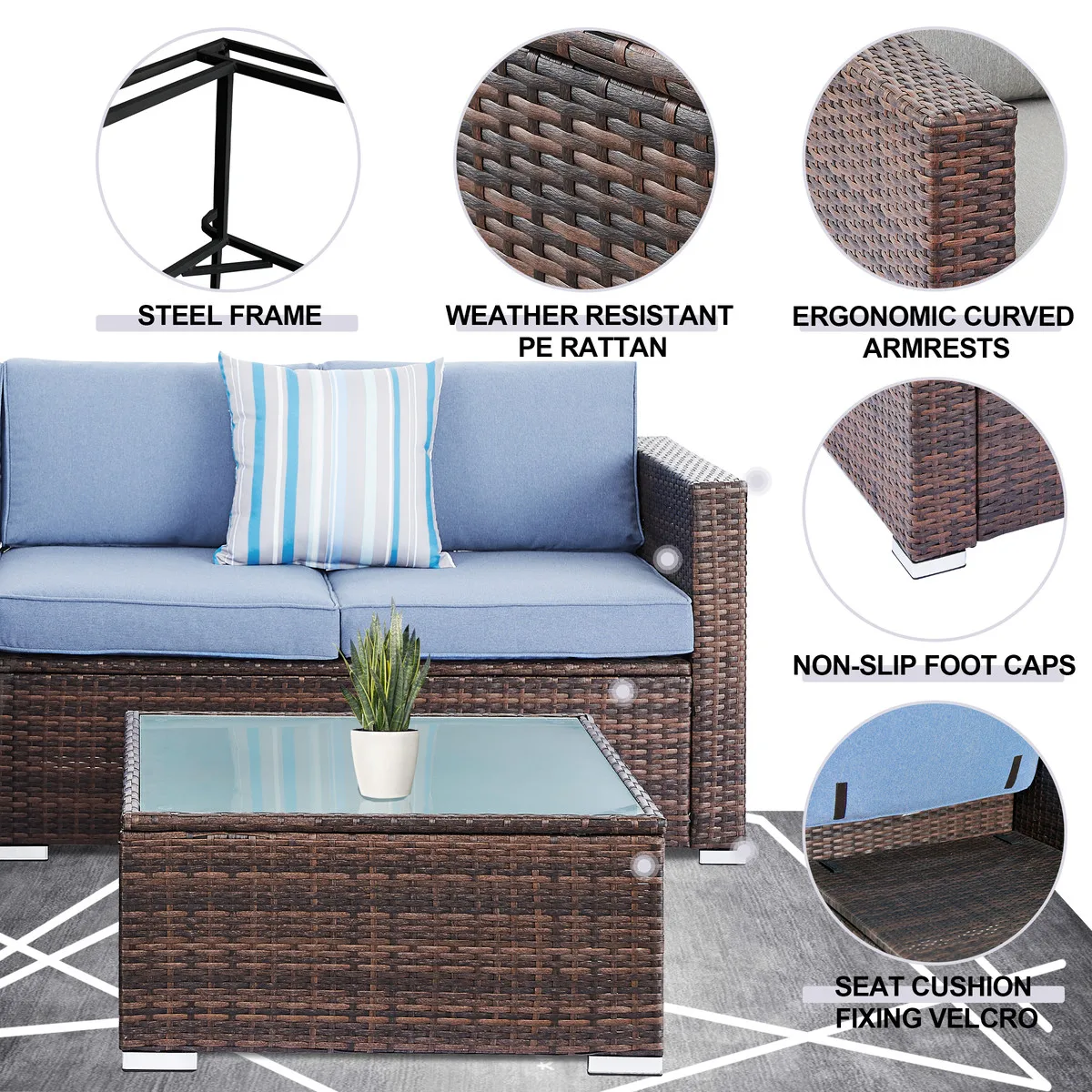 All-Weather Wicker Outdoor Furniture Warm Brown Patio Sectional Sofa with Thick Cushions Glass-Top Coffee Table Parks Courtyards
