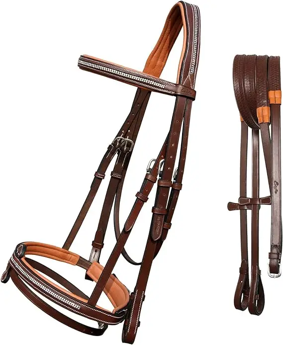 Soft Lined Bling Crown Piece Bling Brow band & Snaffle Noseband Detachable Flash & Rubber Reins | English Bridles for Horses- Br