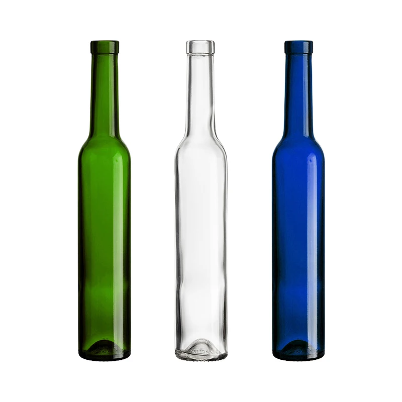 Custom Frosted Clear Crystal Green Blue Glass Grape Frosted Ice Dessert Red Wine Bottle 200ml 375ml with Wood Cork
