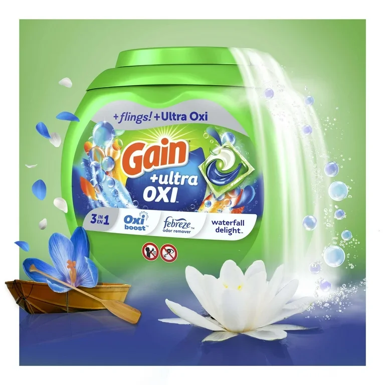 Gain Flings Ultra Oxi Laundry Detergent Pacs, Waterfall Delight Scent, 112 Count