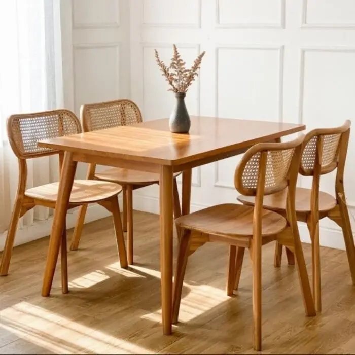 Table and Chairs Dining Room Cafe Restaurant Minimalist Dining Table Top Set Solid Teak Wood