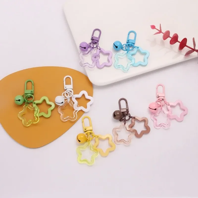 Promotion Acrylic hollowed out pentagram ins pendant keychain accessories Star keyring Cute candy color Star Bell Keychain charm