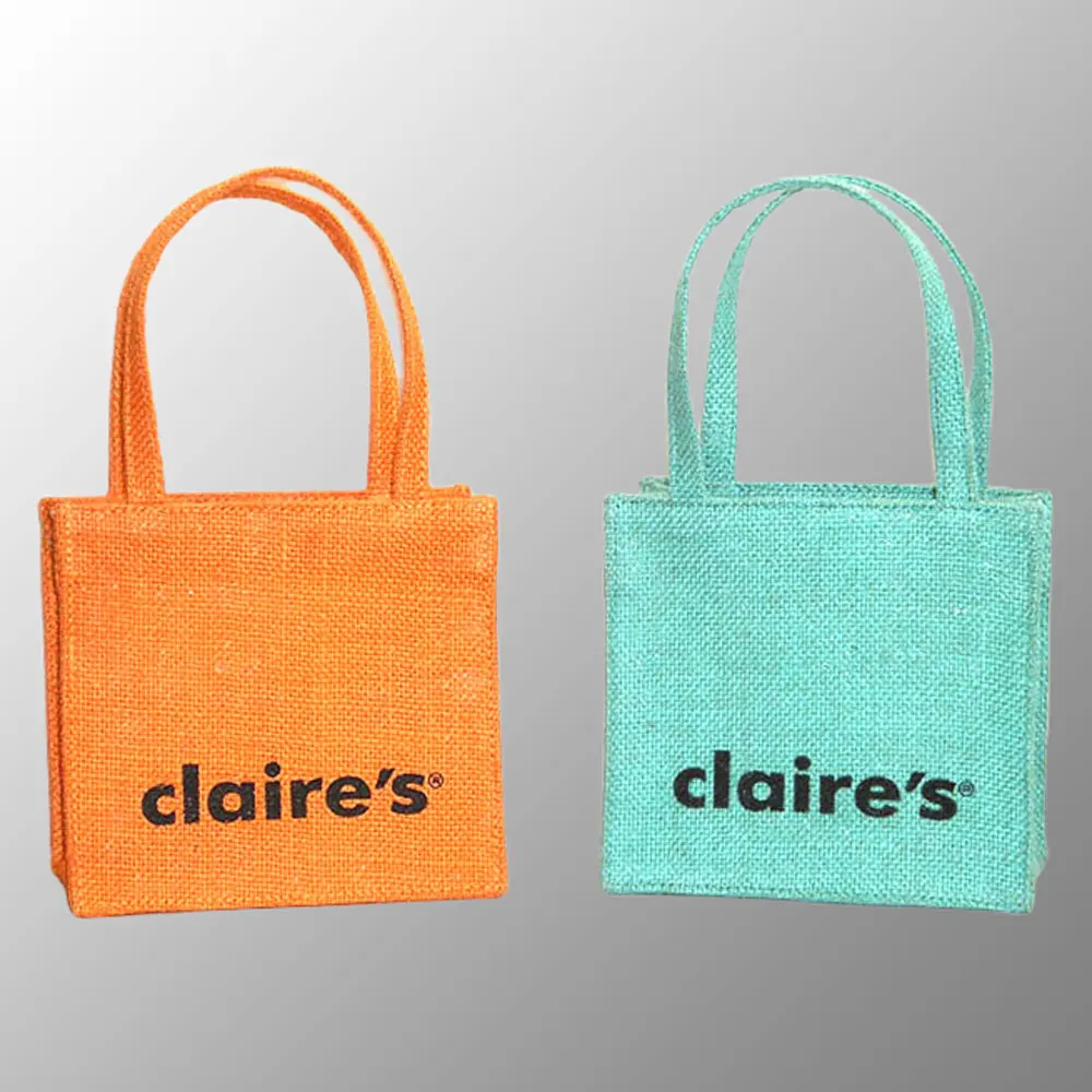 colorful mini jute bag with long handles of same fabric as body custom print with logo small jute shopping promotion gift bags