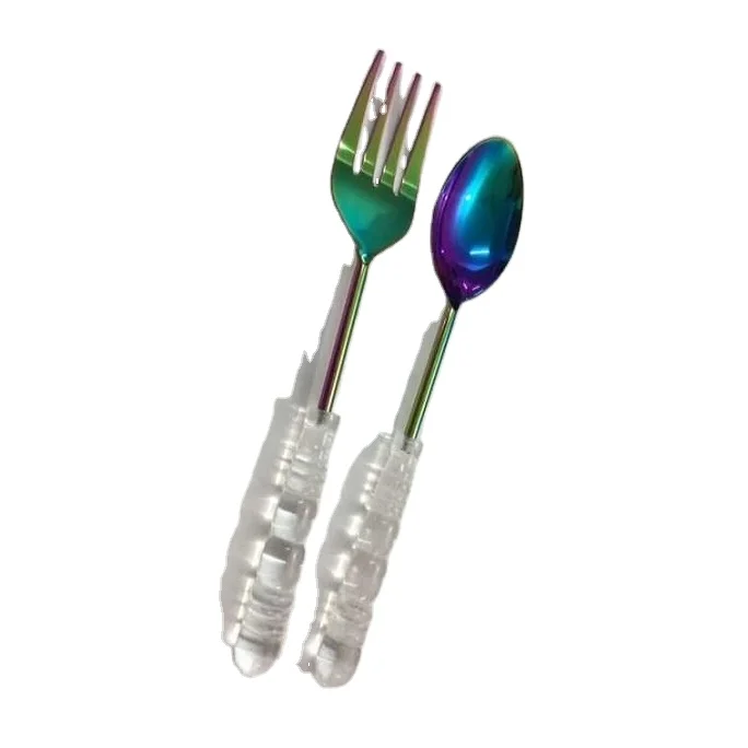 Best Quality Stainless Steel Salad Server With Acrylic Handle Portuguese Cutlery Rainbow Polished Cutlery At Wholesale Price