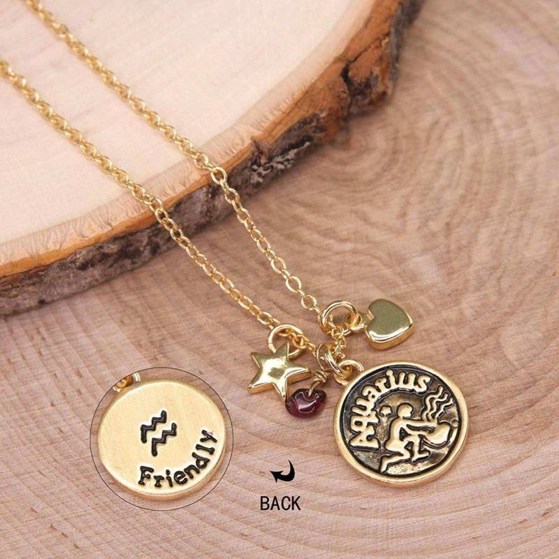 Custom Initial Disc Necklaces Gold Plated Heart Star Zodiac Coin Pendant Necklace Round Horoscope Zodiac Necklace