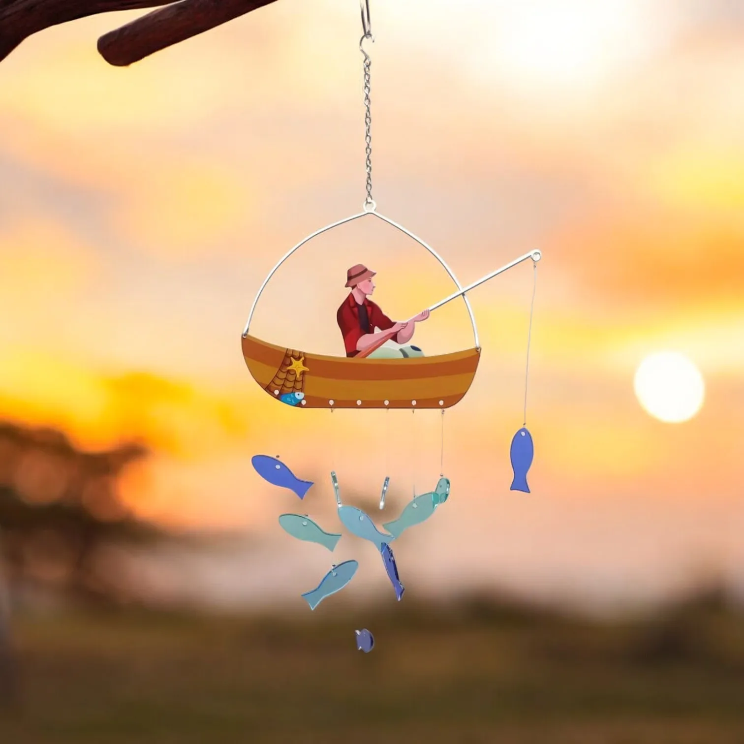 Acrylic Fish and Metal Fisherman Hanging Ornament - Ideal for Beach House Decor