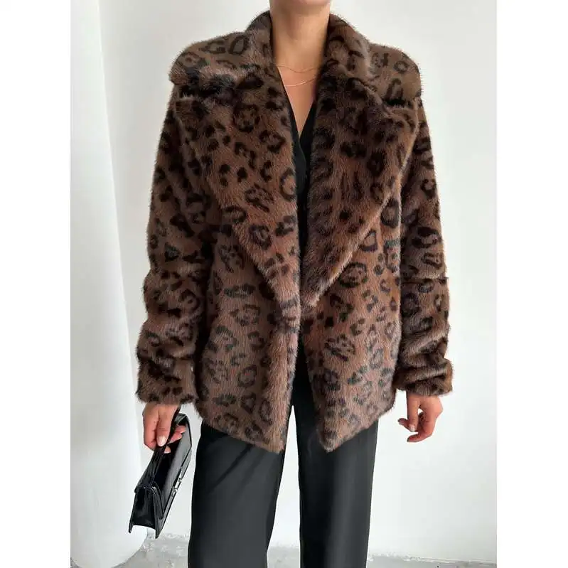 Brown Lion Leopard Pattern Fur Coat