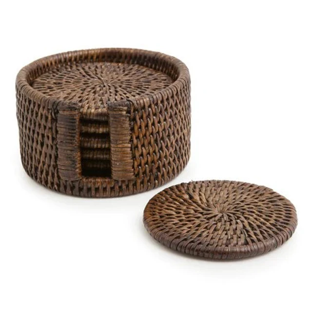 Wholesale Manufacturer Small Set of 4 Round Rattan Wicker Coaster Used for Holding Coffee Mug Drinkware and Table Top.