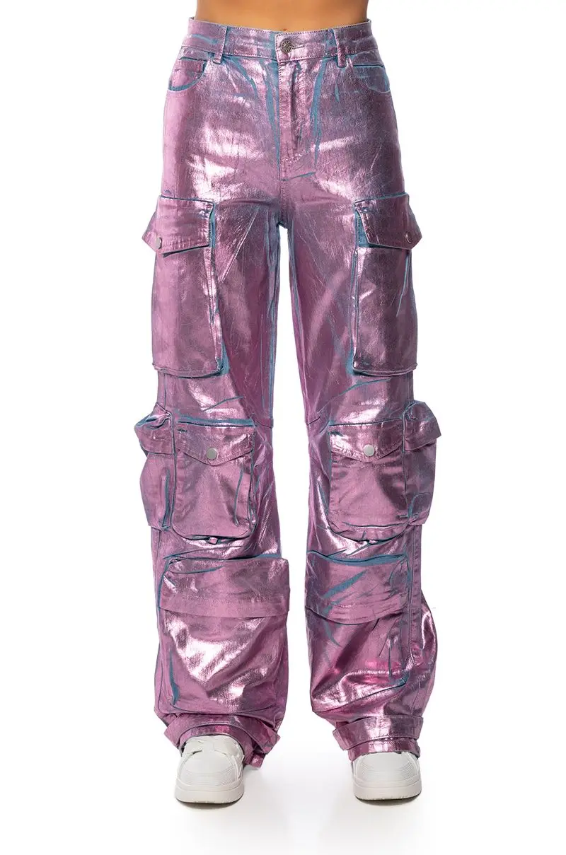 LA ISLA METALLIC CARGO JEANS IN PINK High Waisted Flap Pocket Cargo Jeans  Baggy Boyfriend Trousers pants for women