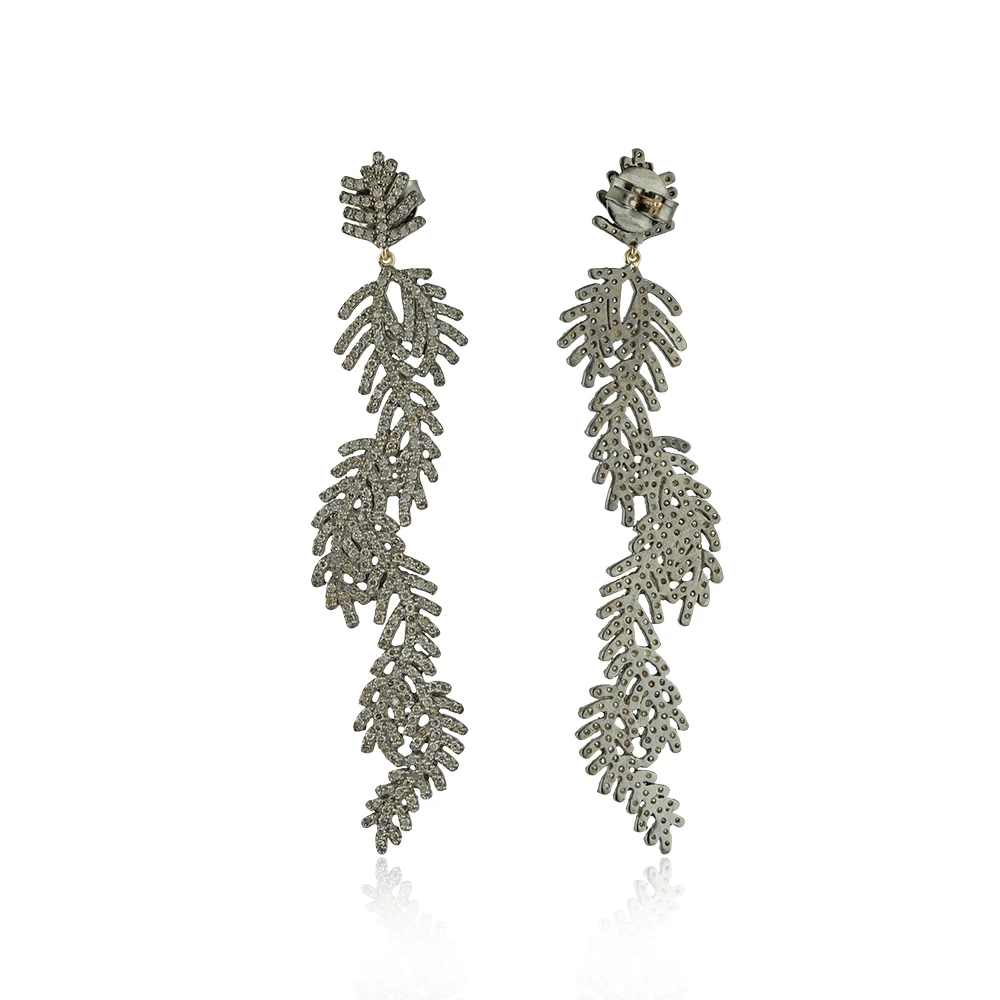 Oxidized 925 Silver Earrings High Quality Pave Diamond Handmade Leaf Earrings New Design Trendy Jewelry Top Quality