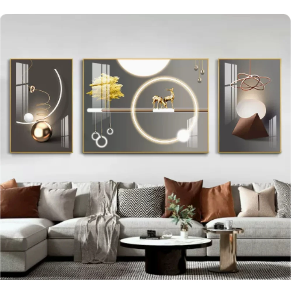 UV printed fresh modern landscape triptych leather texture painting Wall Picture for Living Room