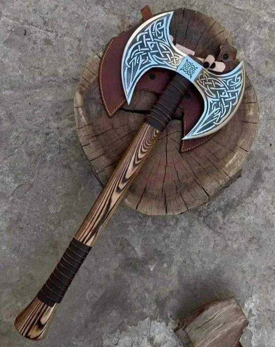 Handmade Double Head D2 Steel Axe with Ash Wood and Leather Wrapped Handle Includes Leather Sheath