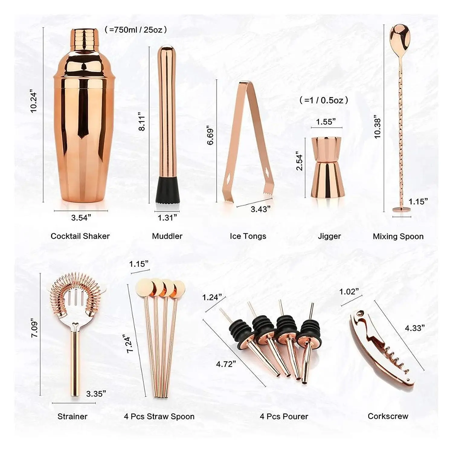 Copper Bar Set Perfect for Bartender Kit and Cocktail Mixing Includes Shaker Cork Opener Ice Tong and Strainer