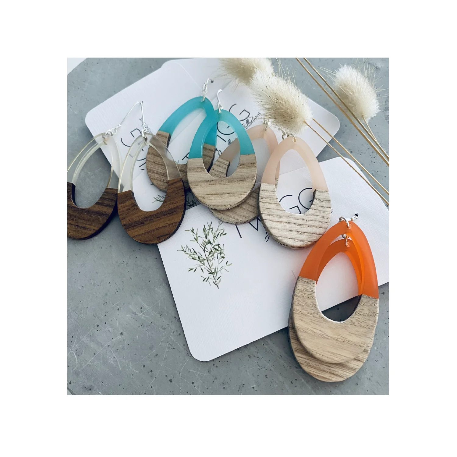 Wood and resin earring simple drop geometric wood hoop resin earrings for handmade use for at best price