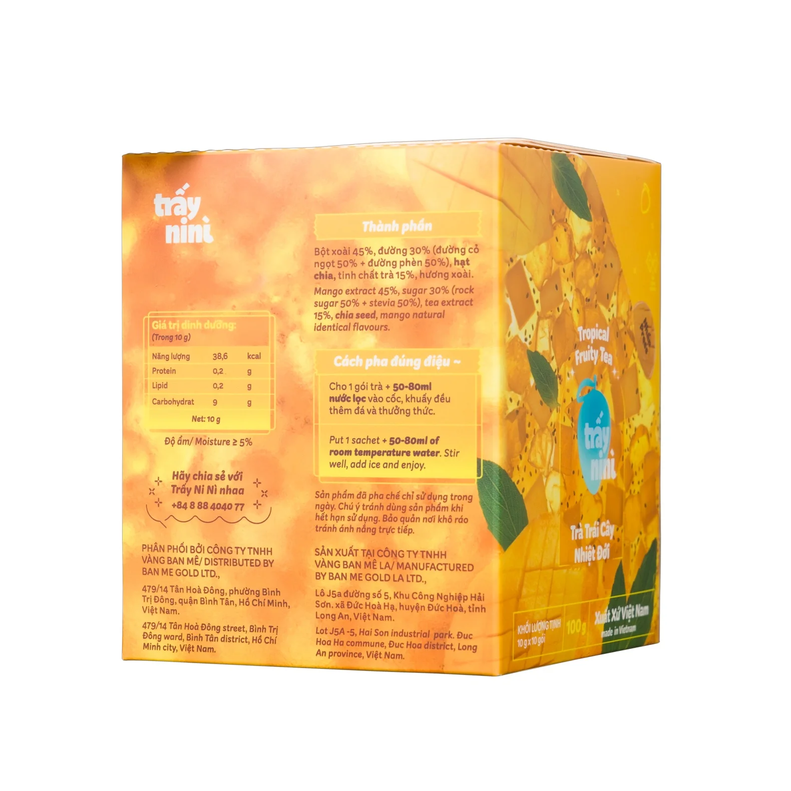 Tropical Fruit Tea MANGO 10 Sachets x 10G per box flavor with Chia Seed from TRAYNINI Brand Vietnam