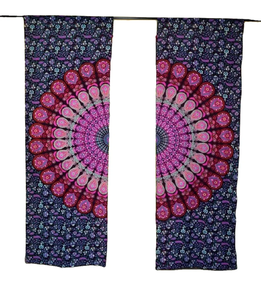 Handmade Cotton Mandala Valances 2-Piece Door Curtain Set Indian Design Window Treatment Voile Wall Decor Art Hanging Tapestry