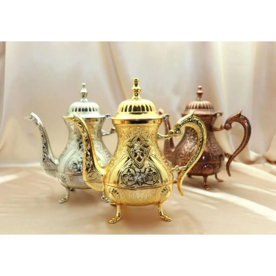 Royal Tea Coffee Pot with Three Tones Silver Gold And Copper Classic Tea Kettle With handles Metal Ready Stock Tea Pots
