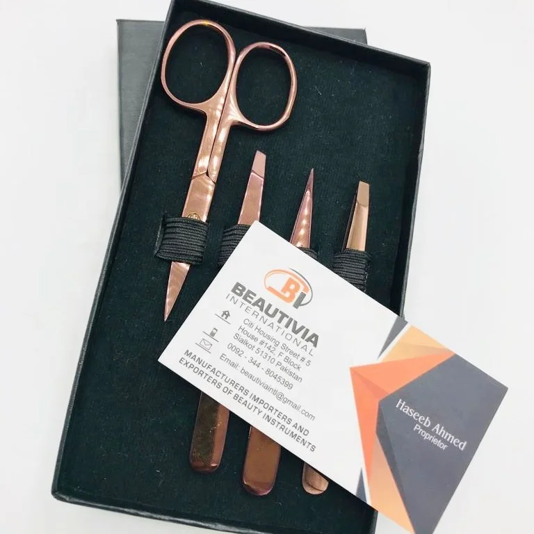 Rose Gold Plated Stainless Steel Eyebrow Tweezers Scissor Set Brow Shaping Tweezer Beauty Cosmetic Tools