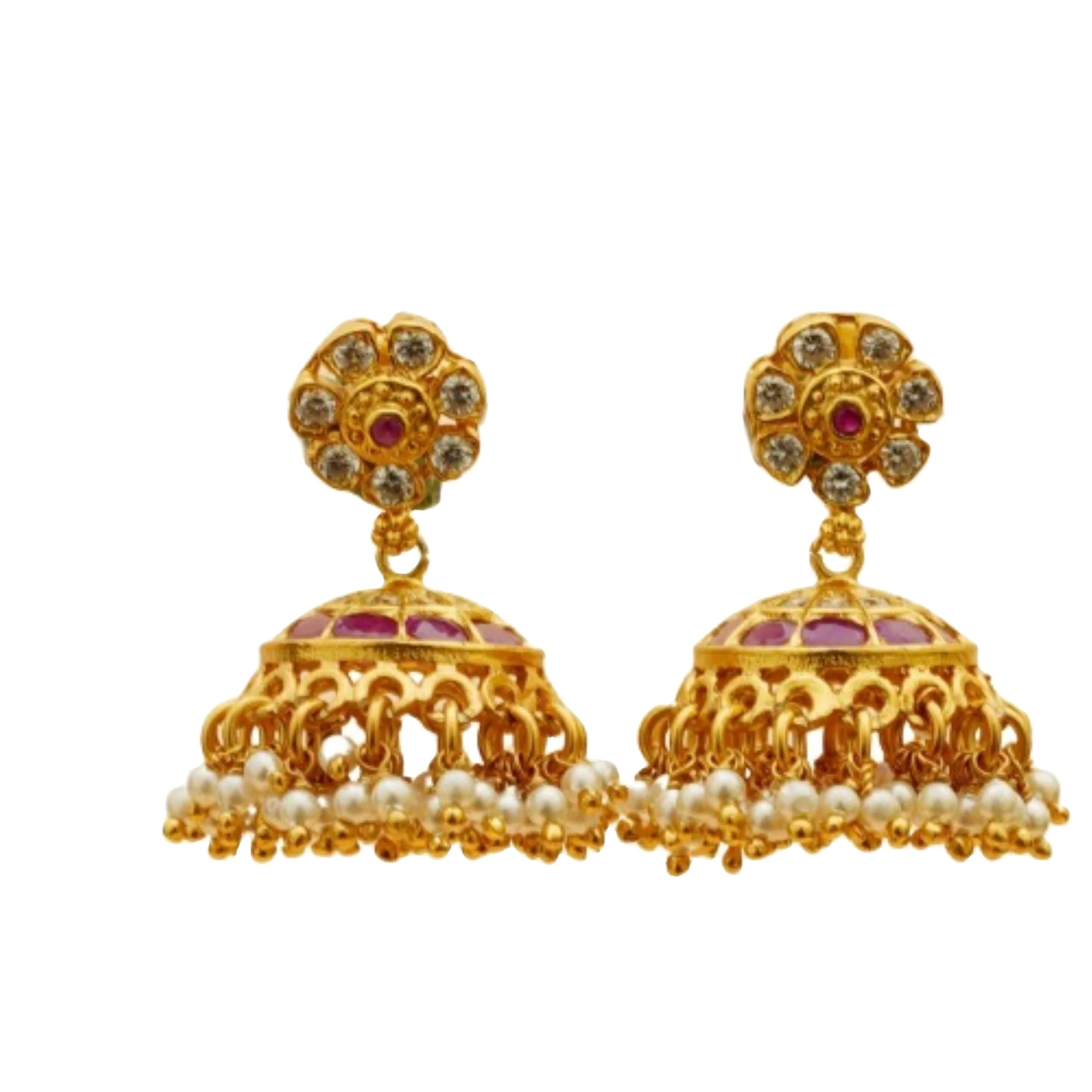 Classic Design Gold Plated CZ Ruby Pearl Beaded Stone Studded Women Antique Earrings on Festival Wear at Best Selling Price
