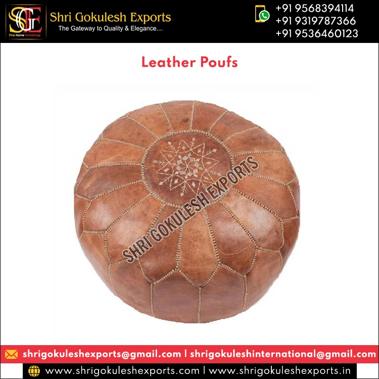 Top Listed Indian Manufacturer Widely Selling 100% Handmade Handwoven Round Leather Poufs for Office and Home Decorations