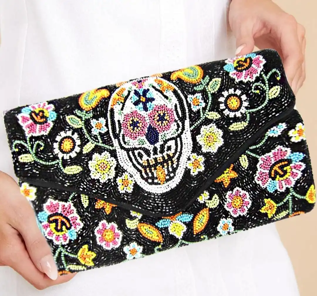 Sugar Skull Seed Bead Crossbody Chain Clutch Boho Bag