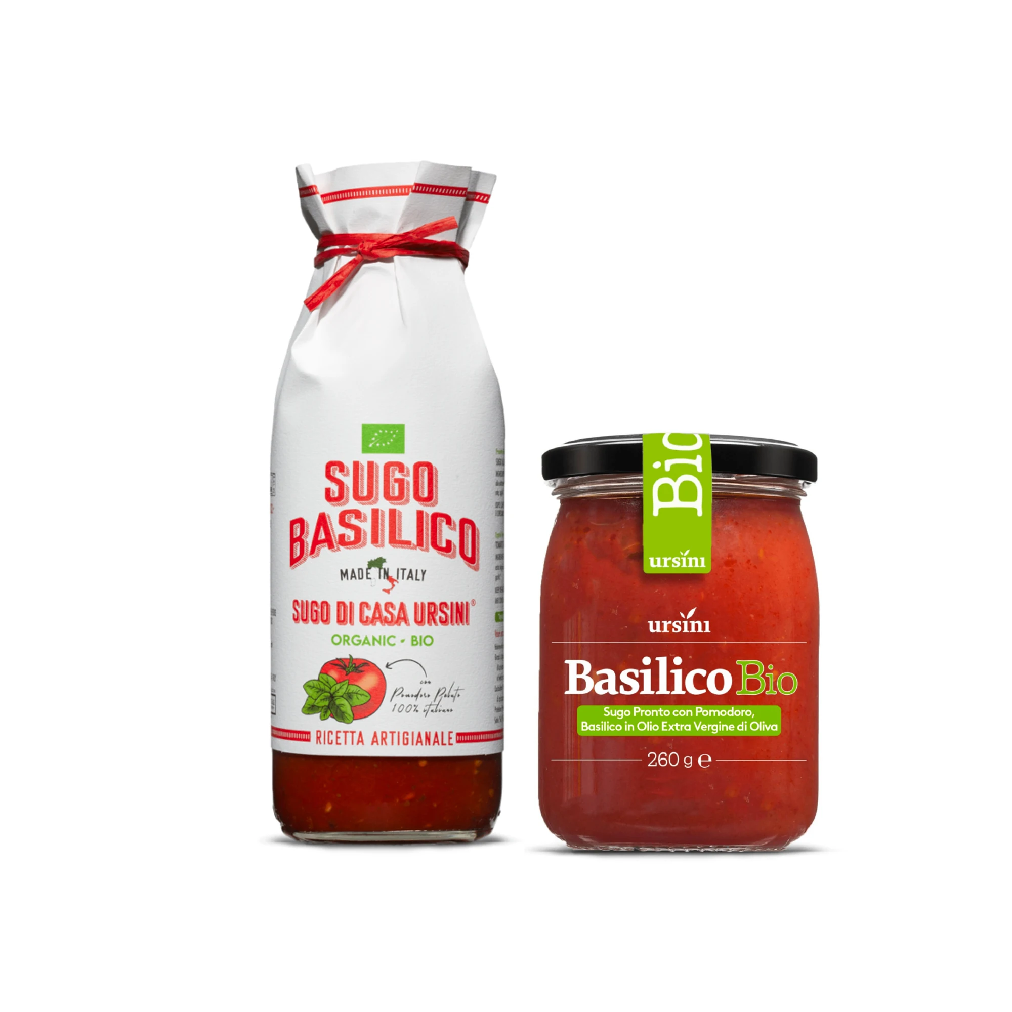 Ursini Couple Italian Bio Organic Sauces with tomato and basil 260 g and 500 ml for retail
