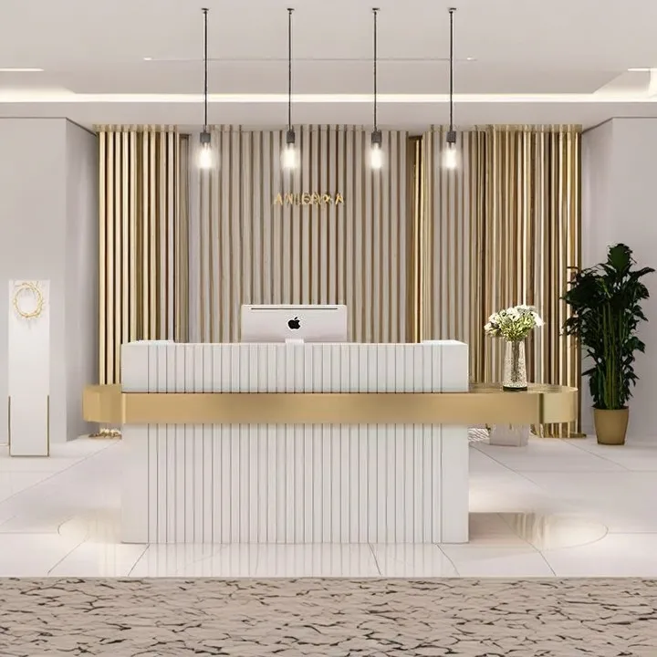 Exquisite Modern L Shaped Slim Profile Small Round White Gold Reception Counter Design for Sophisticated Spaces