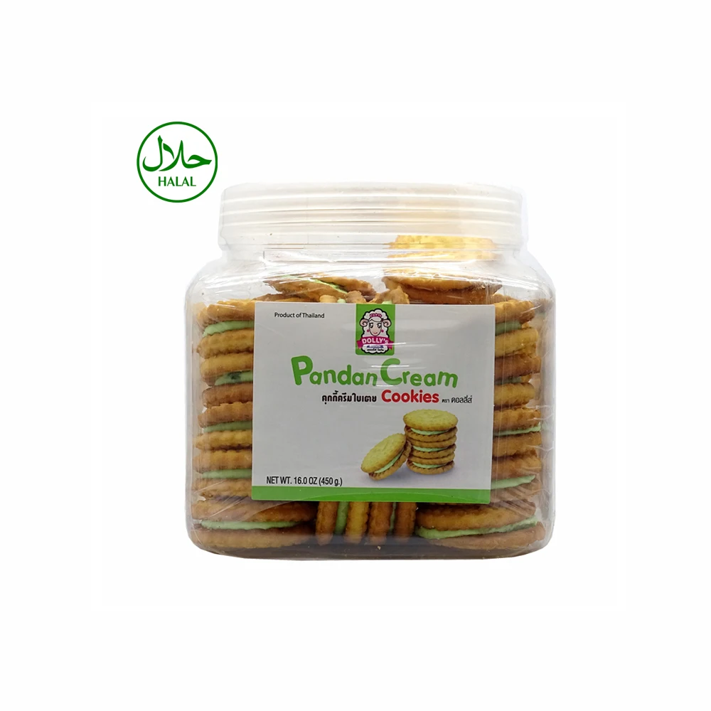 Halal Cookies Cream Sandwich Filled with Pandan Flavor Cream Center Bulk Clear Plastic Jar Package 450g
