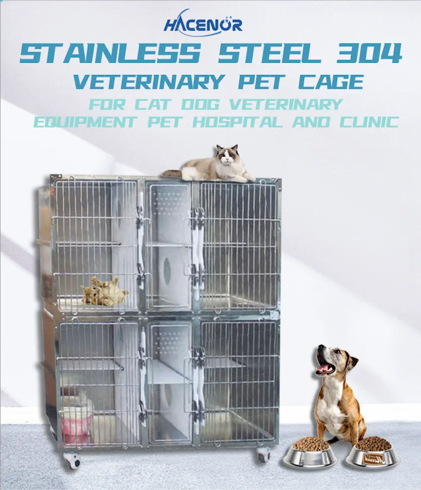 Hacemey hot sale stainless steel 304 wet vet pet  cat cages for cat dog veterinary equipment pet hospital and clinic