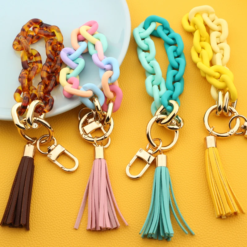 Women Colorful Acrylic Snake Chain Bracelet Keychain Wristlet Key Ring with Leather Tassel