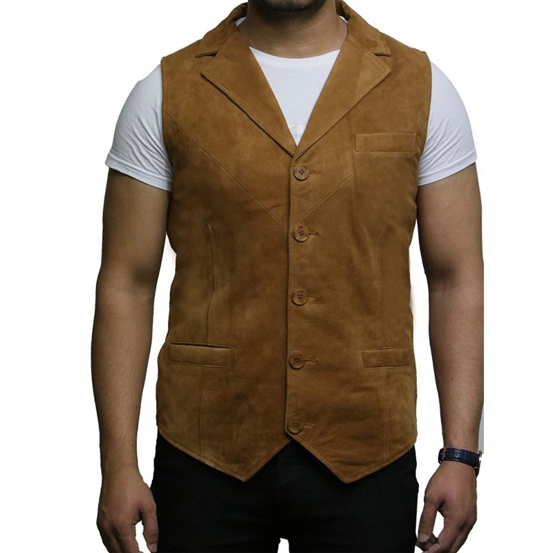 Vintage-inspired mens leather vest with a button-front closure soft leather and retro details