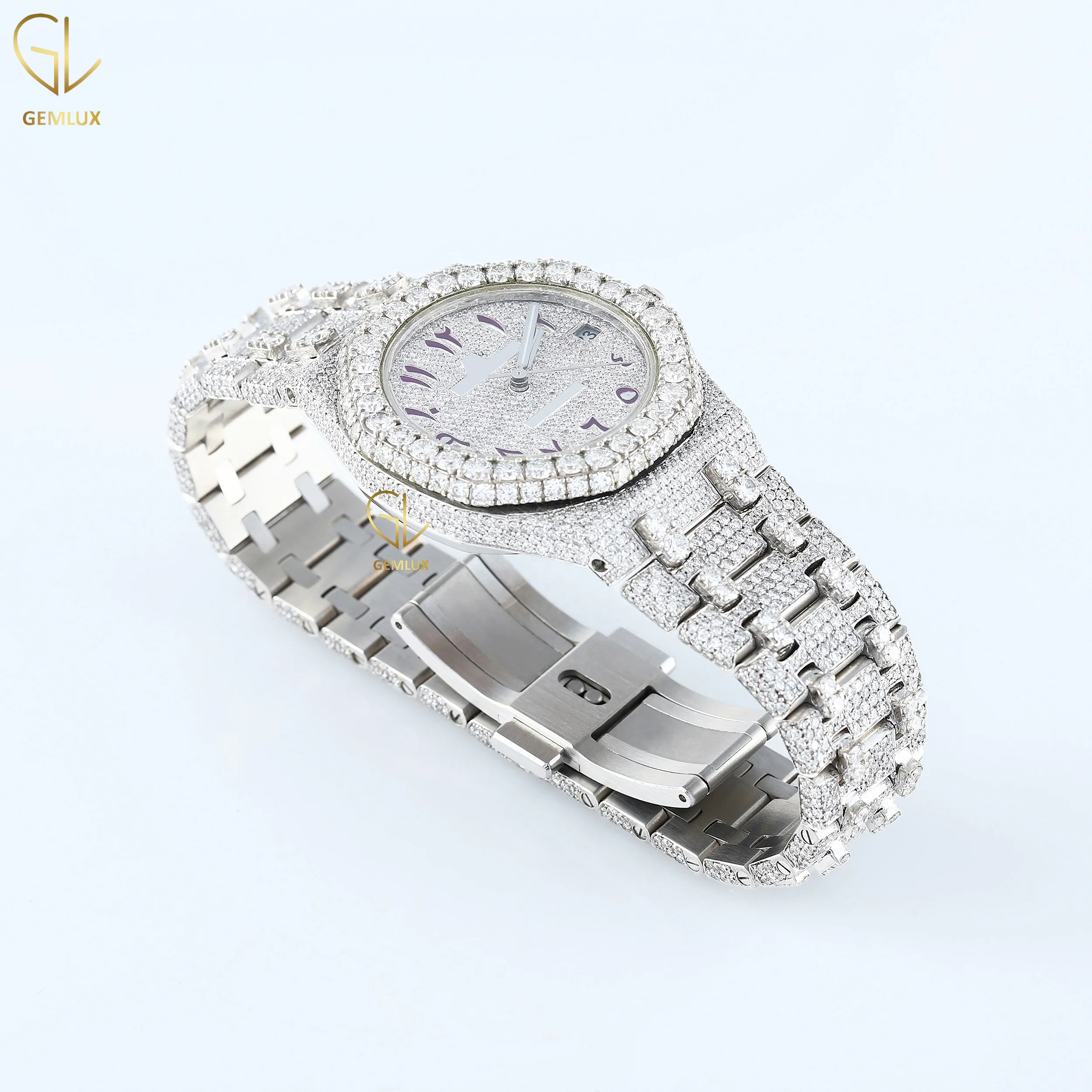 Arabic Dial Premium Quality Antique Iced Out VVS Clarity Moissanite Studded Diamond Watch Luxury Stainless Steel Watch for Men