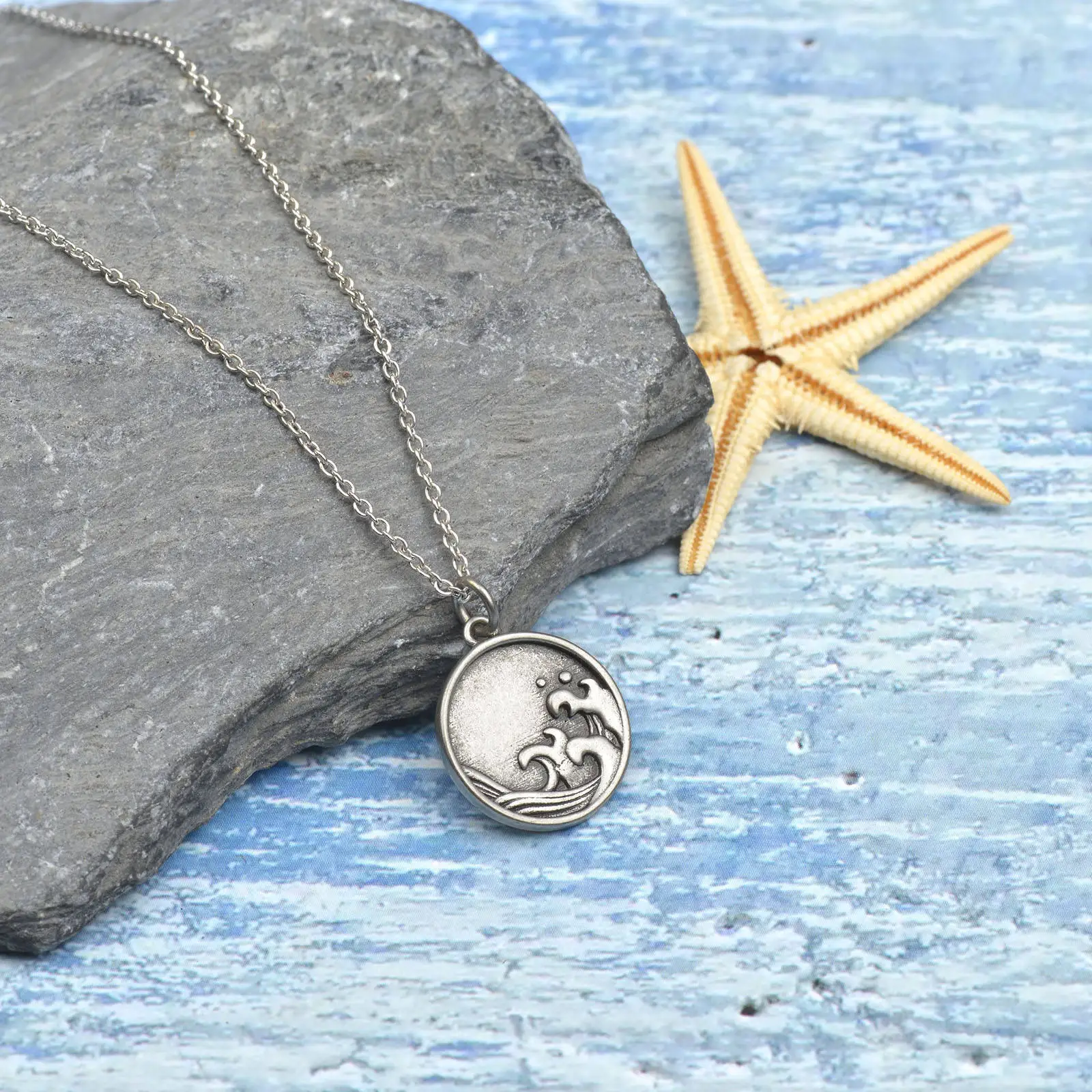 Antique Silver Sea Ocean Wave Necklace Travel Hawaiian Hawaii Surfer Circle Pendant Choker Beach Surfer Necklace For Women