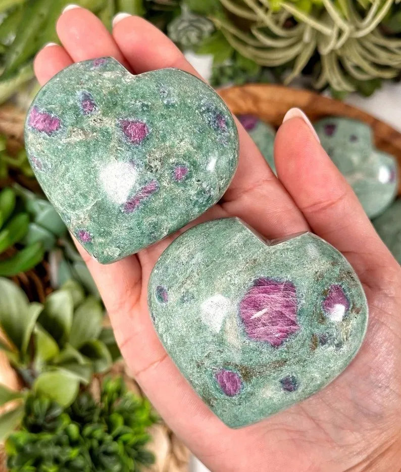 Natural Ruby Fuchsite Puffy Hearts With Nice Little Rubies Polished Ruby Fuchsite Crystal Hearts Fengshui Decoration And Gifts