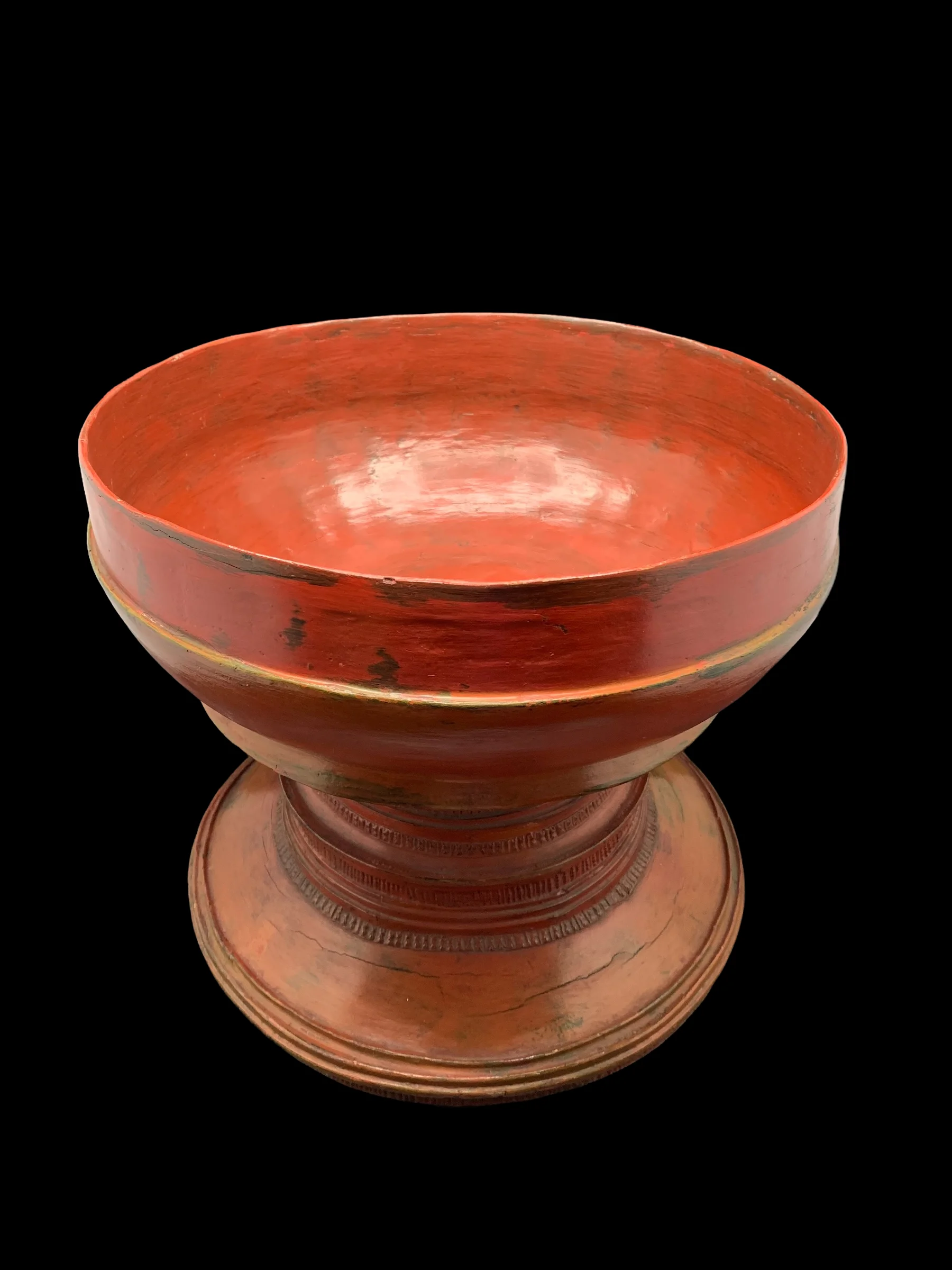 Thai Lanna Lacquer Ware for Food Deck Wooden Lid , Round Topped in the Shape of Pagoda Painted Red - Orange Vermillion Collect