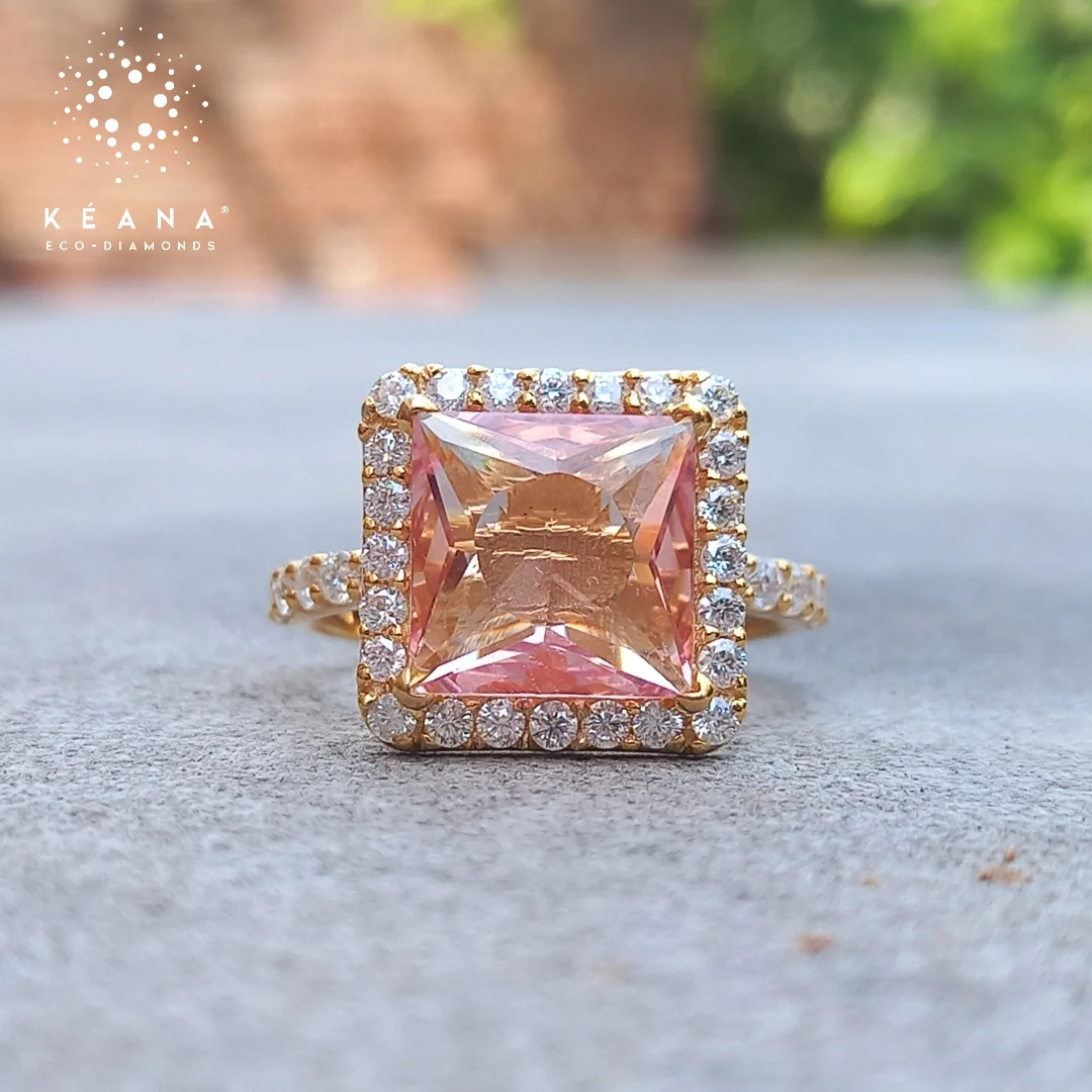 Square Ring With Princess Cut Lab Grown Peach Sapphire and Lab Grown Diamonds 14k Gold Certified Luxury Fine Jewelry