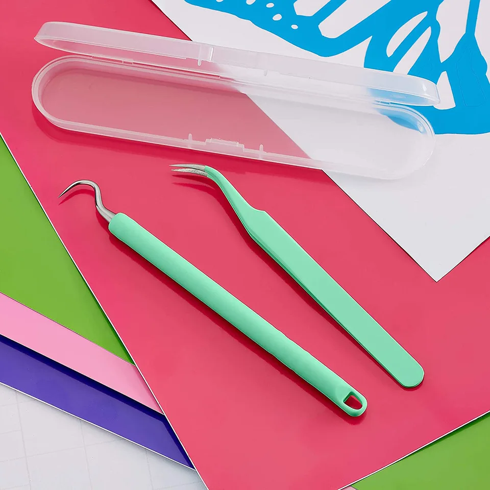 Craft Adhesive Vinyl Tool 2 Pieces Stainless Steel Precision with Case Weeding Paper Craft Tool Kit for Silhouettes Cameos