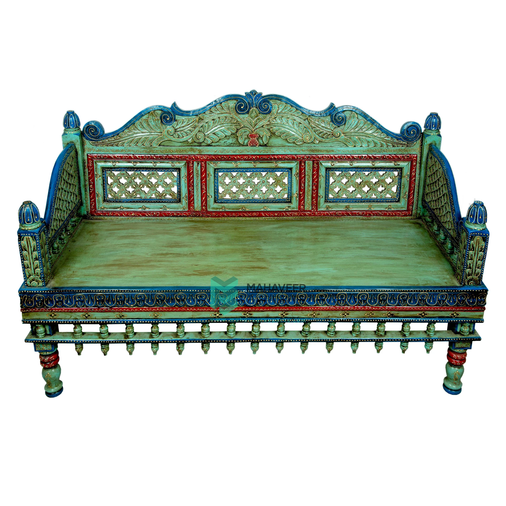 Hot Selling Wooden Jodhpur Style Sky blue Painted Carved Sofa Set (Set Of 4 Pcs) For Living Room / Bedroom Hand Carved Furniture