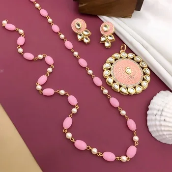 Indian Fashion Jewelry Set For Women Indian Gold Plated Big Pearl Beaded Chain Long Tassel Bridal Necklace Dangle Earrings