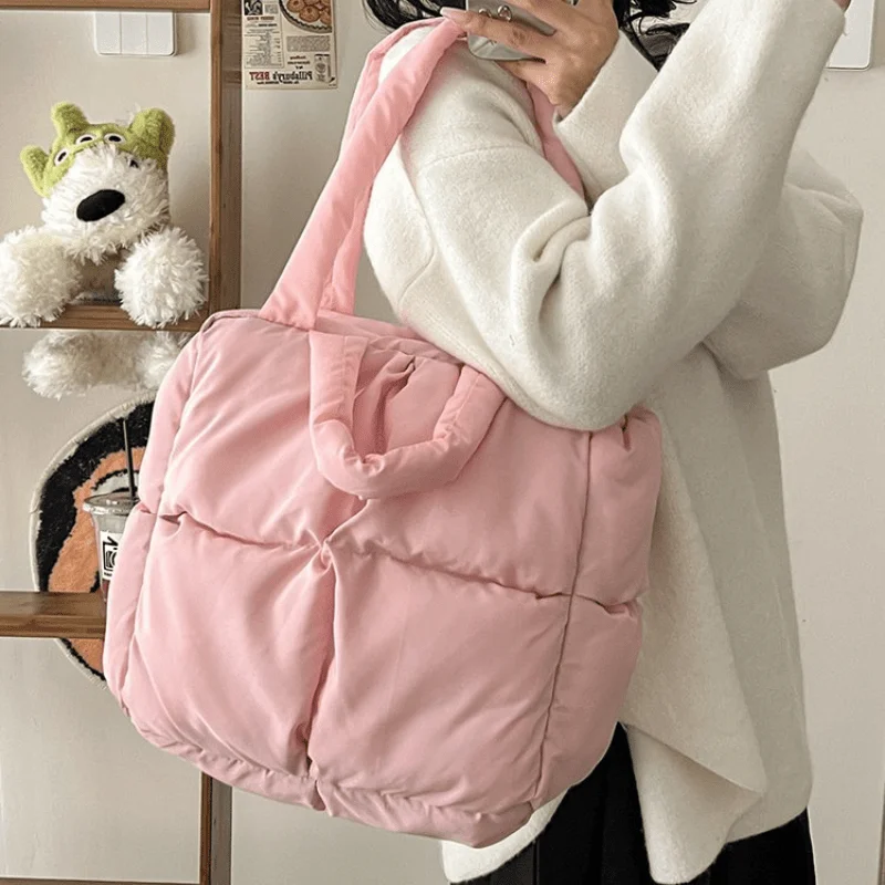 Large Capacity Nylon Padded Puffer Tote Bag For Women Fashion Pink Quilted Puffy Shoulder Handbag